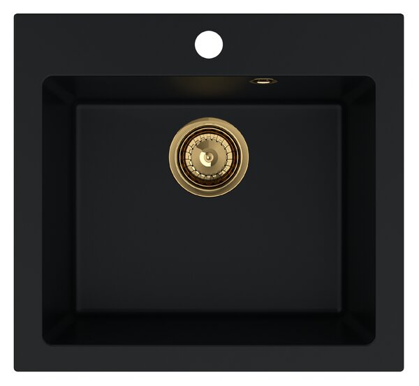 SINK Quality Mosogató Quality Ferrum 50, konyhai gránit mosogató 490x450x195 mm + arany szifon, fekete, SKQ-FER.C.1K50.XG