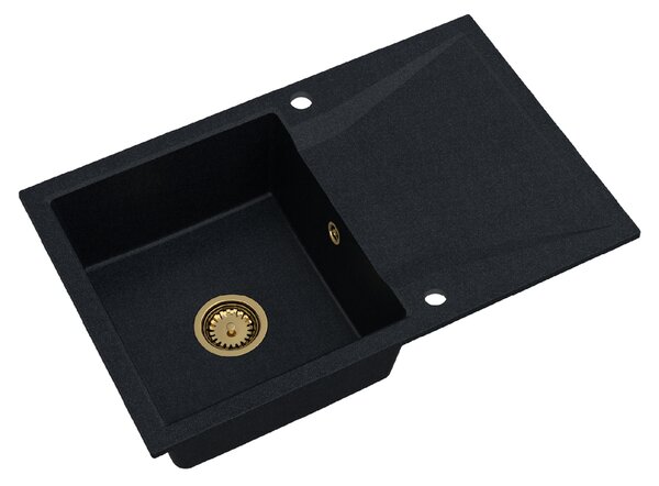 SINK Quality Mosogató Minőségi Obszidián, konyhai gránit mosogató 790x500x210 mm + arany szifon, fekete foltos-Brocade, SKQ-OBS.B.1KDO.XG