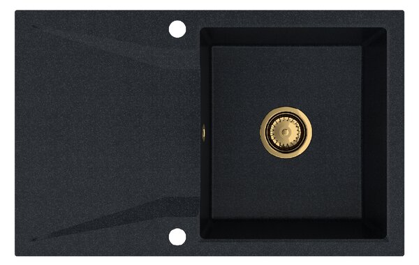 SINK Quality Mosogató Minőségi Obszidián, konyhai gránit mosogató 790x500x210 mm + arany szifon, fekete foltos-Brocade, SKQ-OBS.B.1KDO.XG