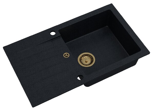 SINK Quality Mosogató Quality Natalie, konyhai gránit mosogató 770x450x170 mm + arany szifon, fekete foltos-BROKÁD, SKQ-NAT.B.1KDO.XG