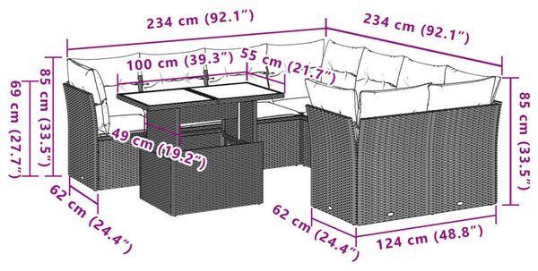 VidaXL Polyrattan Kerti Ülőgarnitúra - 9 részes, Világosszürke