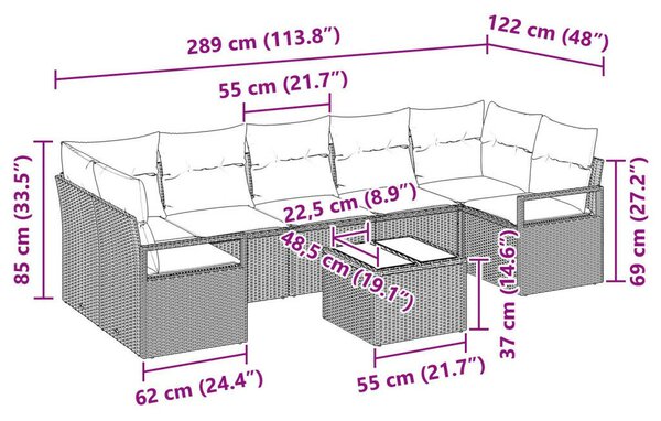 8 darabos Kert Sofa Szett Párnákkal Világosszürke Poli Rattan, 2-Személyes Kert Sofa Párnákkal Szürke Poli Rattan