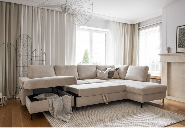 Bézs kordbársony kinyitható sarokkanapé (jobb oldali) Lofty Lilly – Miuform