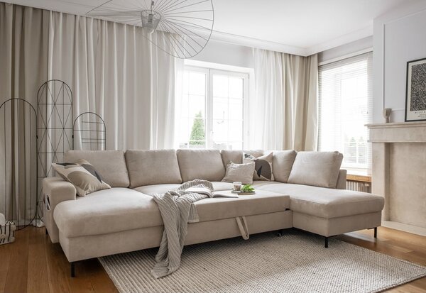 Bézs kordbársony kinyitható sarokkanapé (jobb oldali) Lofty Lilly – Miuform