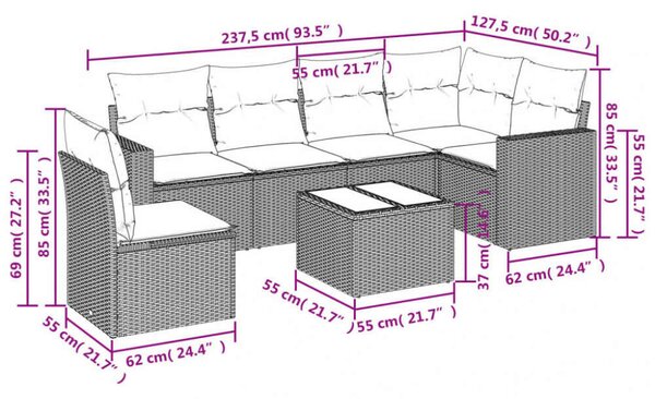 VidaXL Polyrattan Kerti Ülőgarnitúra - 7 részes - Szürke