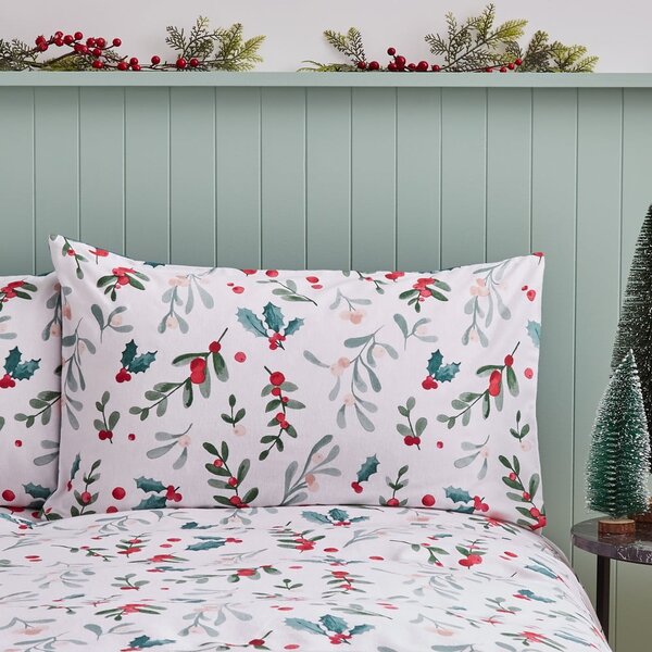 Fehér-zöld kétszemélyes flanel ágyneműhuzat 200x200 cm Holly and Mistletoe – Catherine Lansfield