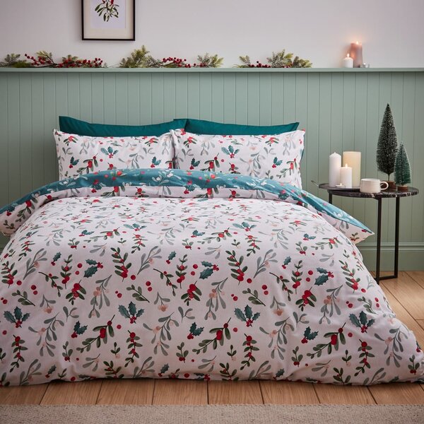 Fehér-zöld kétszemélyes flanel ágyneműhuzat 200x200 cm Holly and Mistletoe – Catherine Lansfield