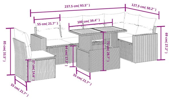 VidaXL Polyrattan Kerti Ülőgarnitúra - 7 részes - Fekete