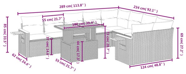 VidaXL 10 részes fekete polyrattan kerti ülőgarnitúra párnákkal