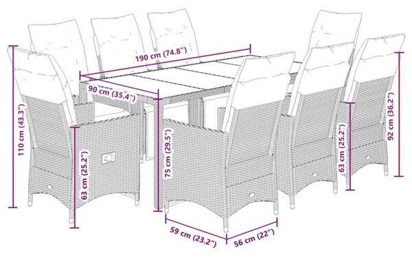 VidaXL Polyrattan Kerti Bútor - 9 részes Bisztrókészlet - Szürke