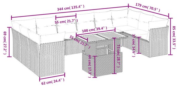 Polyrattan Kerti Ülőgarnitúra - 11 részes - Fekete