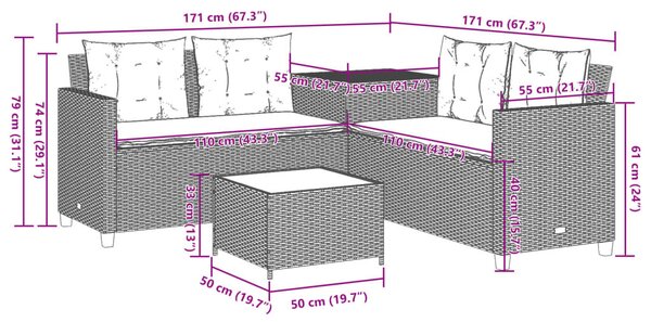 VidaXL L-alakú szürke polyrattan kerti kanapé asztallal és párnákkal