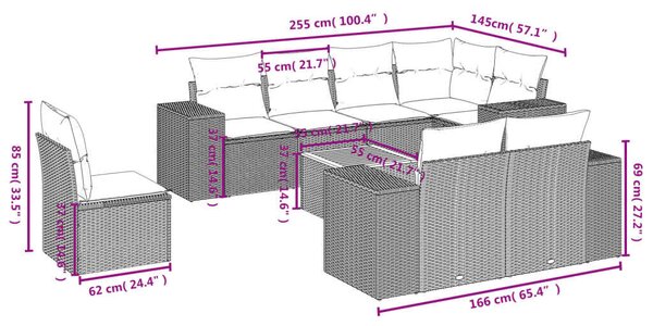 VidaXL 9-részes bézs polyrattan kerti ülőgarnitúra párnákkal