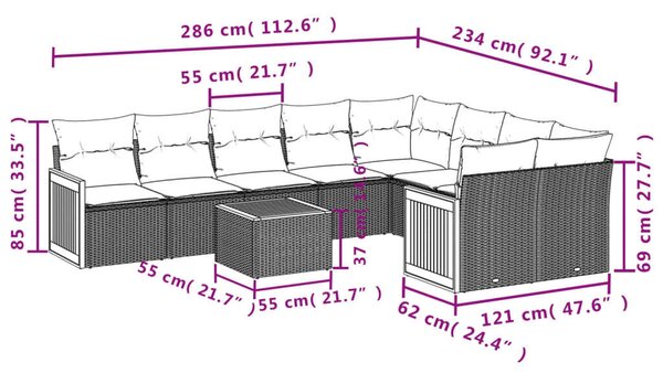 VidaXL Polyrattan Kerti Ülőgarnitúra - 10 részes - Fekete