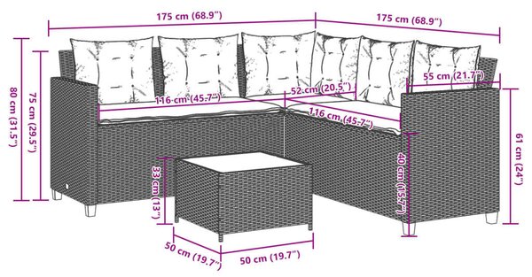 VidaXL L-alakú Kerti Kanapé Szett - Fekete Polyrattan - 175x175cm