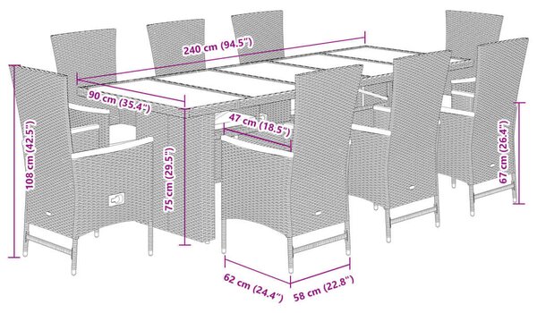 VidaXL Kerti Étkezőgarnitúra - 9 részes - Fekete Polyrattan
