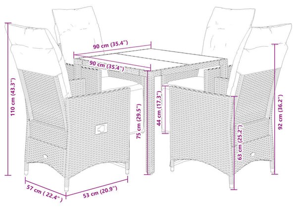 VidaXL Kerti Étkezőgarnitúra - 5 részes - Fekete Polyrattan
