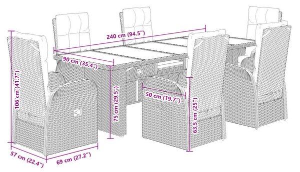 VidaXL Polyrattan Kerti Étkezőgarnitúra - 7 részes - Fekete