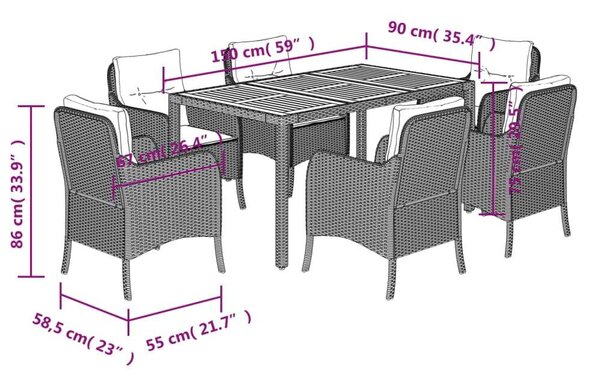 VidaXL 7 részes fekete polyrattan kerti étkezőgarnitúra párnával