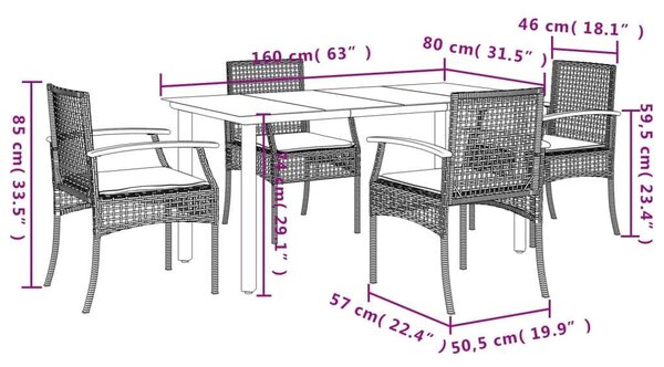 VidaXL 5 részes fekete polyrattan kerti étkezőgarnitúra párnákkal