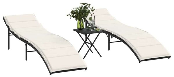 VidaXL Napozóágy Szett - 2 db - Fekete Polyrattan - Asztallal