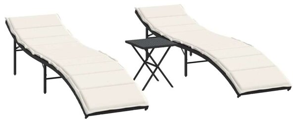VidaXL Napozóágy Szett - 2 db - Fekete Polyrattan - Asztallal