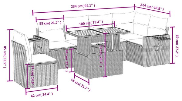 VidaXL Polyrattan Kerti Ülőgarnitúra - 7 részes - Fekete