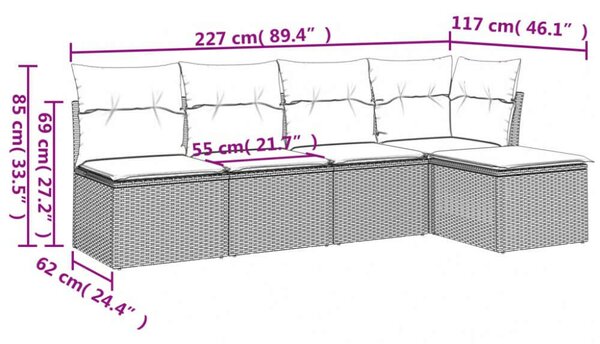 Polyrattan Kerti Ülőgarnitúra - 5 részes - Barna