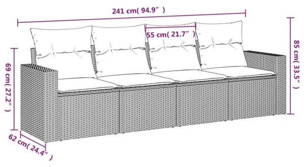 Polyrattan Kerti Ülőgarnitúra - 4 részes - Fekete