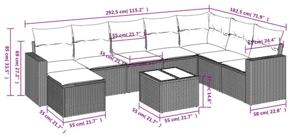 VidaXL Polyrattan Kerti Ülőgarnitúra - 9 részes - Fekete