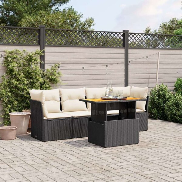 VidaXL 5 részes fekete polyrattan kerti kanapészett párnákkal