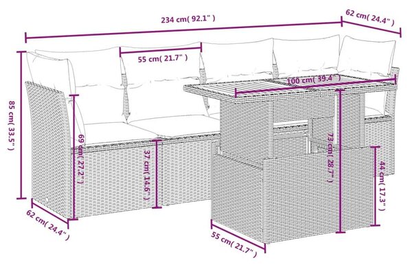 VidaXL 5 részes fekete polyrattan kerti kanapészett párnákkal