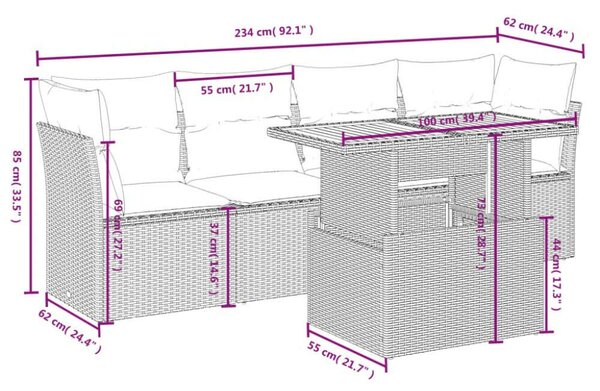 VidaXL 5 részes fekete polyrattan kerti kanapészett párnákkal