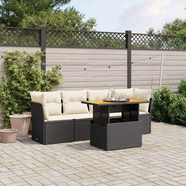 VidaXL 5 részes fekete polyrattan kerti kanapészett párnákkal