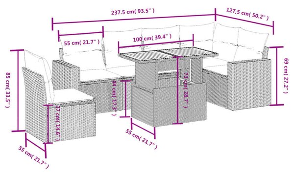 VidaXL Polyrattan Kerti Ülőgarnitúra - 7 részes - Fekete
