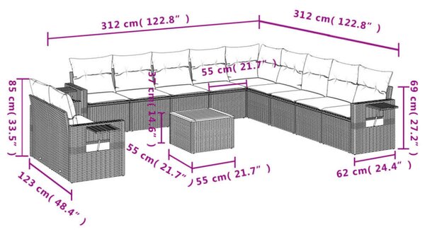 VidaXL Polyrattan Kerti Ülőgarnitúra - 12 részes - Fekete