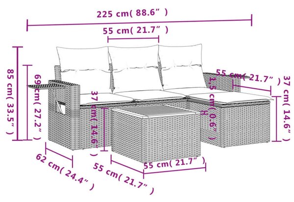 VidaXL 5 részes fekete polyrattan kerti kanapészett párnákkal