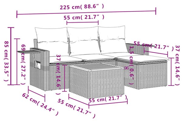 VidaXL 5 részes fekete polyrattan kerti kanapészett párnákkal