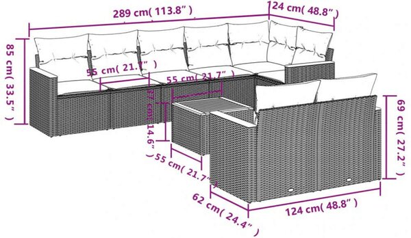 Polyrattan Kerti Ülőgarnitúra - 9 részes - Fekete