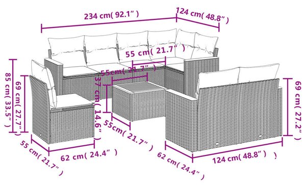 Polyrattan Kerti Ülőgarnitúra - 9 részes - Fekete