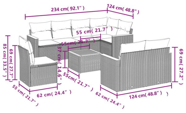 Polyrattan Kerti Ülőgarnitúra - 9 részes - Fekete