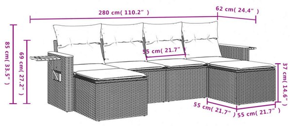 VidaXL 6 részes fekete polyrattan kerti ülőgarnitúra párnákkal