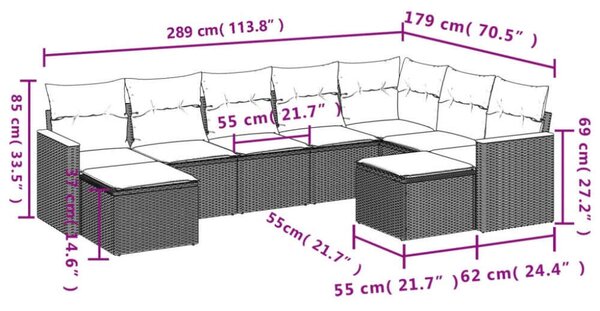 VidaXL Polyrattan Kerti Ülőgarnitúra - 9 részes - Fekete