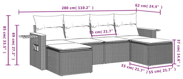 VidaXL 6 részes fekete polyrattan kerti ülőgarnitúra párnákkal
