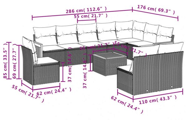 VidaXL Polyrattan Kerti Ülőgarnitúra - 11 részes - Fekete