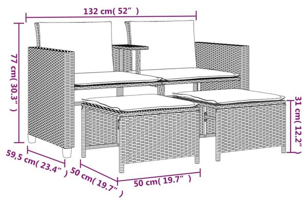 VidaXL 2 személyes szürke polyrattan kerti kanapé asztallal/székkel