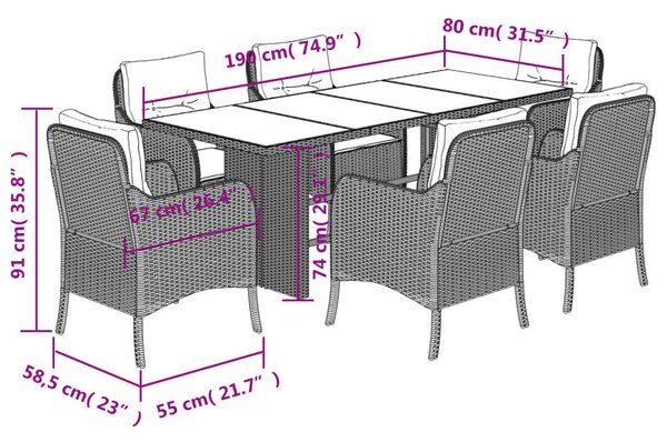 Polyrattan Kerti Étkezőgarnitúra - 7 részes - Szürke