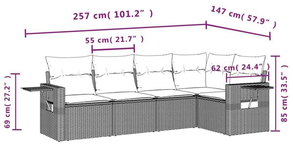 Polyrattan Kerti Ülőgarnitúra - 5 részes - Barna