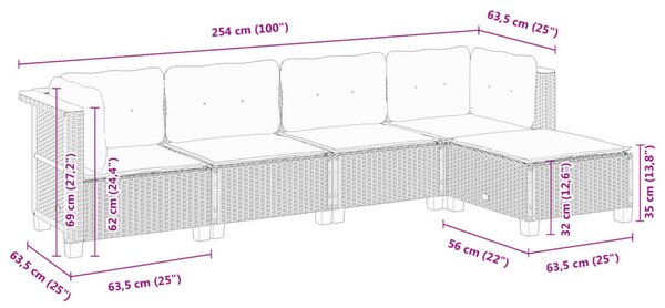 VidaXL 5 részes fekete polyrattan kerti kanapészett párnákkal