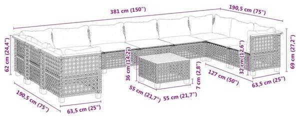 Polyrattan Kerti Ülőgarnitúra - 11 részes - Szürke